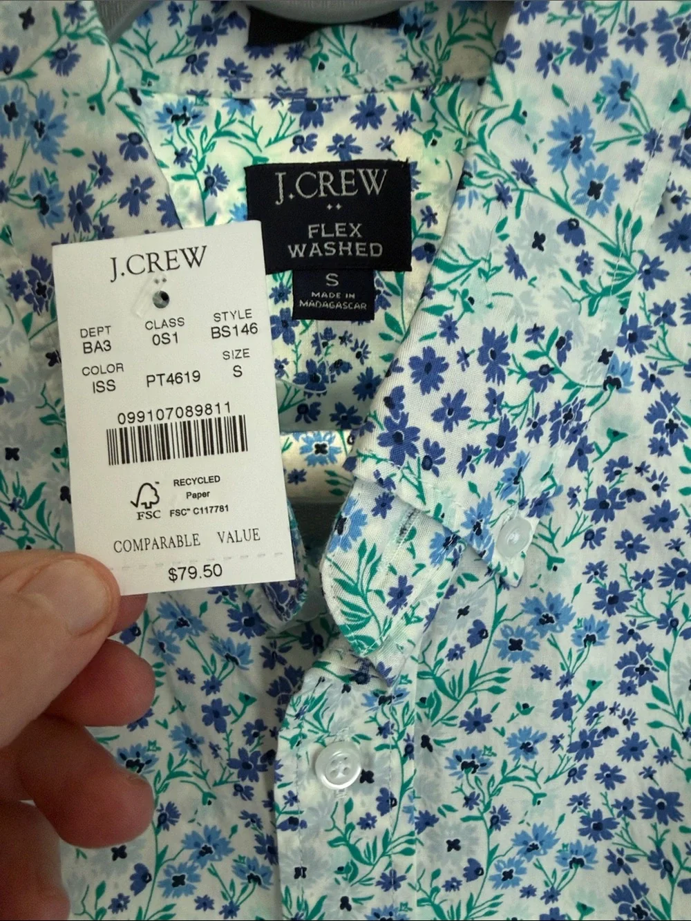 J. Crew Short-Sleeve Floral Button-Up Shirt — White with Blue & Green Print